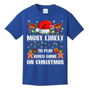 Most Likely To Play Video Game On Christmas Xmas Tree Lights Cute Gift Kids T-Shirt