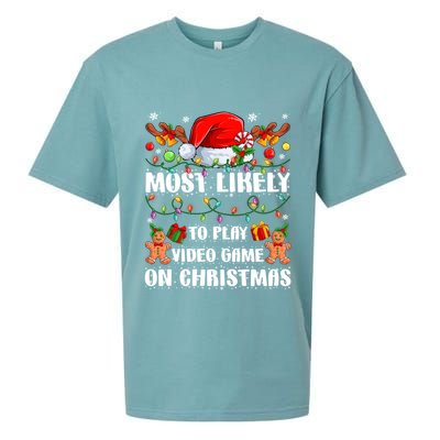 Most Likely To Play Video Game On Christmas Xmas Tree Lights Cute Gift Sueded Cloud Jersey T-Shirt