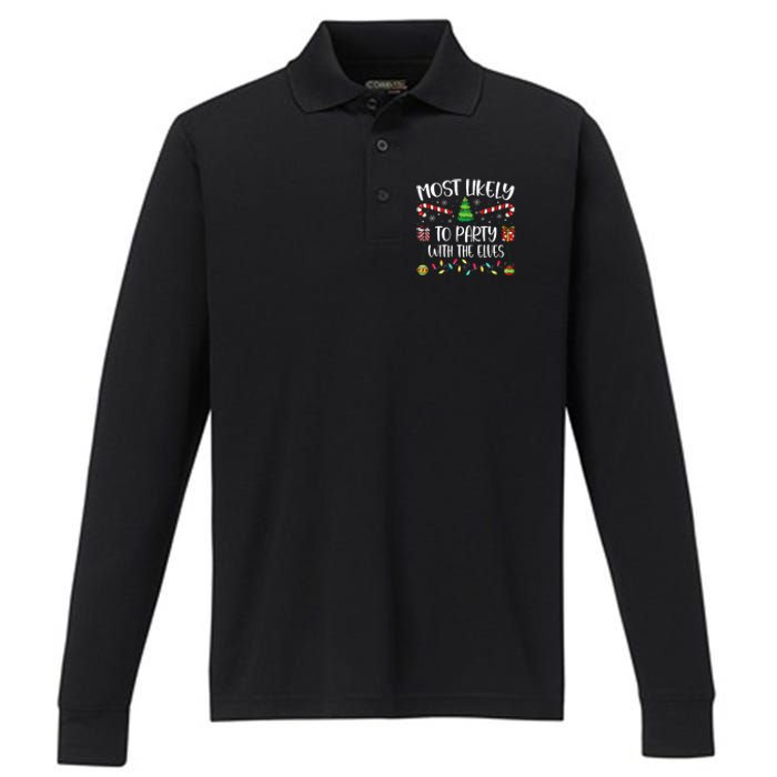 Most Likely To Party With The Elves Christmas Tree Xmas Performance Long Sleeve Polo