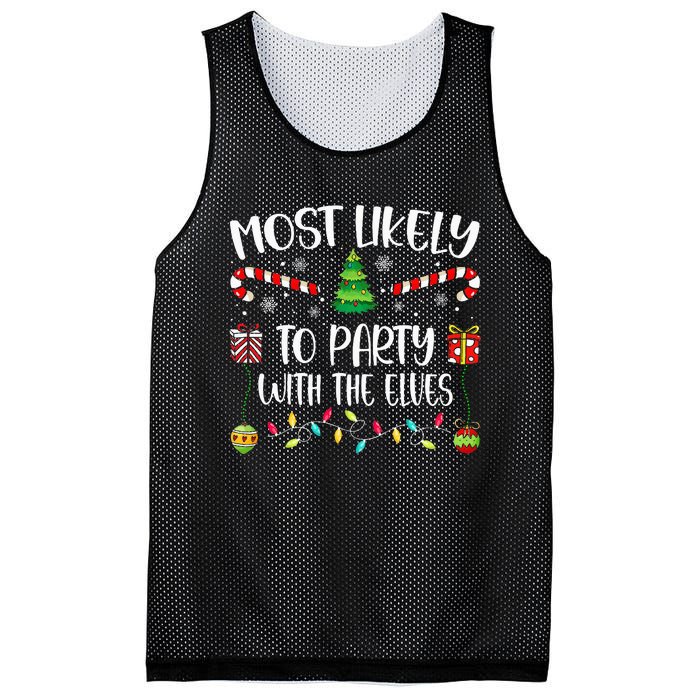 Most Likely To Party With The Elves Christmas Tree Xmas Mesh Reversible Basketball Jersey Tank