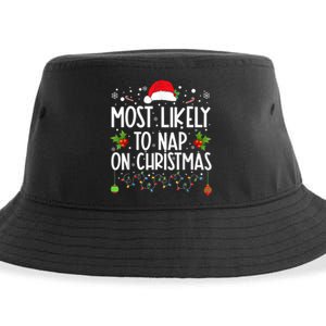 Most Likely To Nap On Christmas Funny Family Christmas Sustainable Bucket Hat