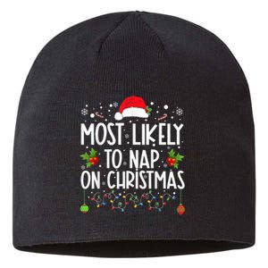 Most Likely To Nap On Christmas Funny Family Christmas Sustainable Beanie