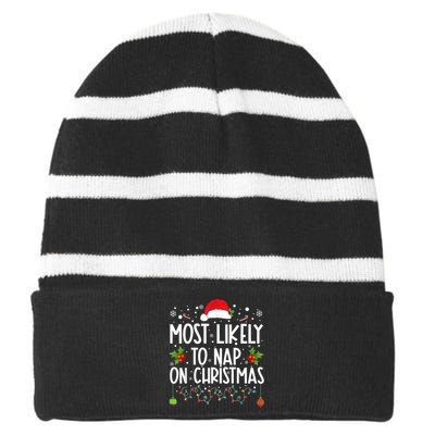 Most Likely To Nap On Christmas Funny Family Christmas Striped Beanie with Solid Band