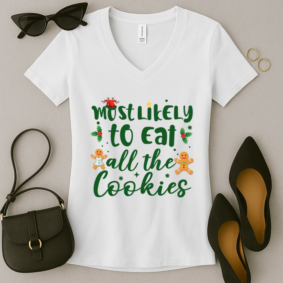 Most Likely To Eat All The Cookies Funny Christmas Women's V-Neck T-Shirt