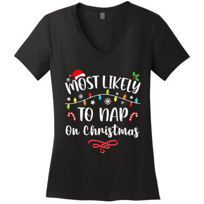 Most Likely To Nap On Christmas Funny Family Christmas Women's V-Neck T-Shirt