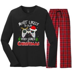 Most Likely To Video Games Christmas Family Gamer Women's Long Sleeve Flannel Pajama Set 