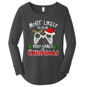 Most Likely To Video Games Christmas Family Gamer Women's Perfect Tri Tunic Long Sleeve Shirt