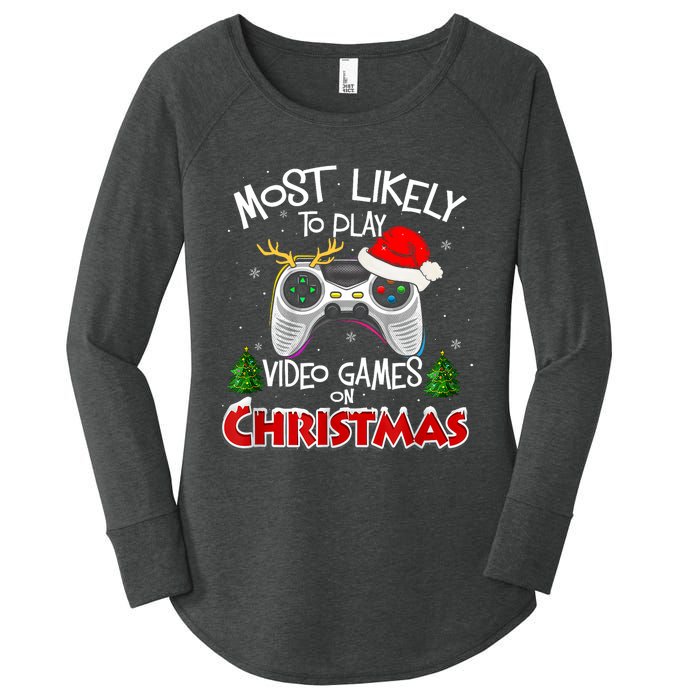 Most Likely To Video Games Christmas Family Gamer Women's Perfect Tri Tunic Long Sleeve Shirt