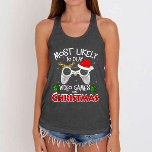 Most Likely To Video Games Christmas Family Gamer Women's Knotted Racerback Tank