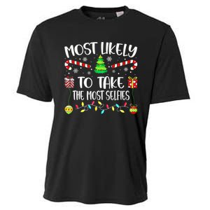 Most Likely To Take The Most Selfies Christmas Tree Xmas Cooling Performance Crew T-Shirt