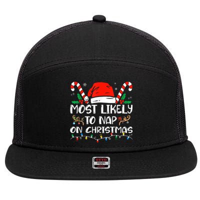 Most Likely To Nap On Christmas Funny Family Christmas 7 Panel Mesh Trucker Snapback Hat