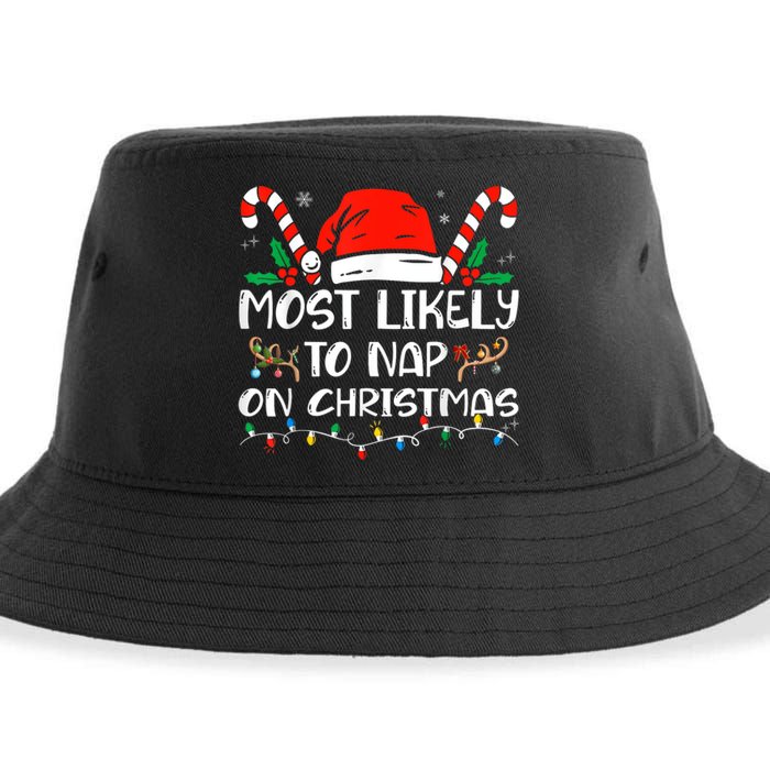 Most Likely To Nap On Christmas Funny Family Christmas Sustainable Bucket Hat