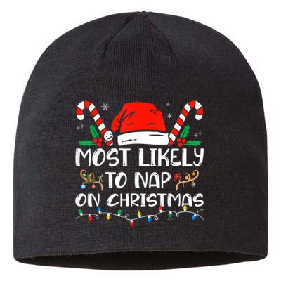 Most Likely To Nap On Christmas Funny Family Christmas Sustainable Beanie