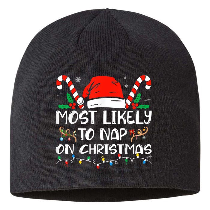 Most Likely To Nap On Christmas Funny Family Christmas Sustainable Beanie