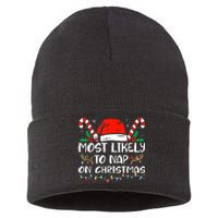 Most Likely To Nap On Christmas Funny Family Christmas Sustainable Knit Beanie