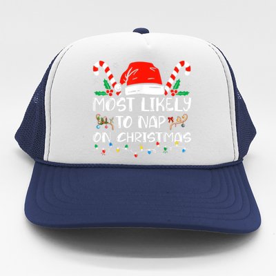 Most Likely To Nap On Christmas Funny Family Christmas Trucker Hat