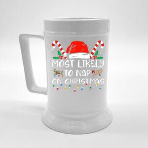 Most Likely To Nap On Christmas Funny Family Christmas Beer Stein