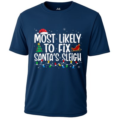 Most Likely To Fix Santa's Sleigh Family xmas Pajama Cooling Performance Crew T-Shirt