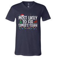 Most Likely To Fix Santa's Sleigh Family xmas Pajama V-Neck T-Shirt