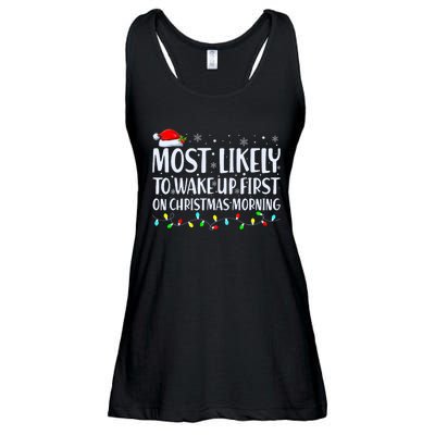 Most Likely To Wake Up First On Christmas Morning Xmas Light Ladies Essential Flowy Tank