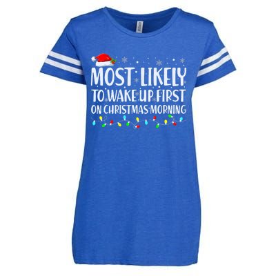 Most Likely To Wake Up First On Christmas Morning Xmas Light Enza Ladies Jersey Football T-Shirt