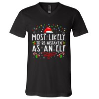 Most Likely To Be Mistaken As An Elf Funny Family Christmas V-Neck T-Shirt