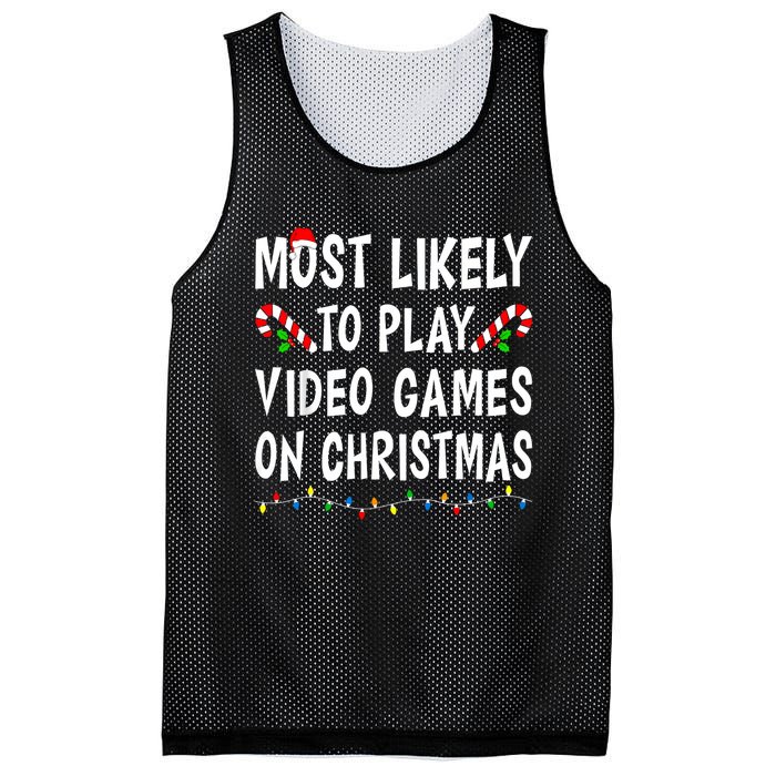 Most Likely To Play Video Games Funny Family Christmas Gamer Mesh Reversible Basketball Jersey Tank