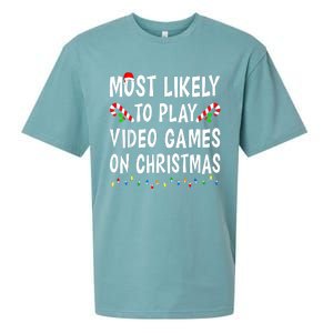 Most Likely To Play Video Games Funny Family Christmas Gamer Sueded Cloud Jersey T-Shirt