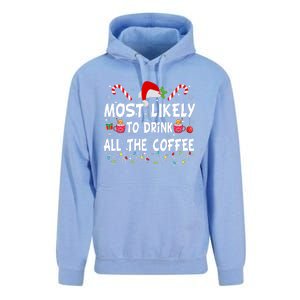 Most Likely To Drink All The Coffee Funny Family Christmas Unisex Surf Hoodie