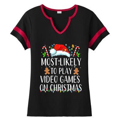 Most Likely To Play Video Games On Christmas Family Matching Gift Ladies Halftime Notch Neck Tee