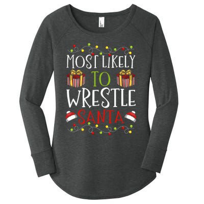 Most Likely To Wrestle Santa Christmas Wrestling Sports Women's Perfect Tri Tunic Long Sleeve Shirt