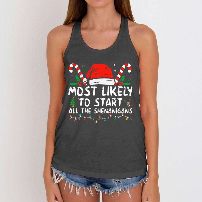 Most Likely To Start All The Shenanigans Family Xmas Holiday Women's Knotted Racerback Tank