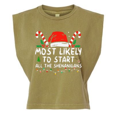 Most Likely To Start All The Shenanigans Family Xmas Holiday Garment-Dyed Women's Muscle Tee