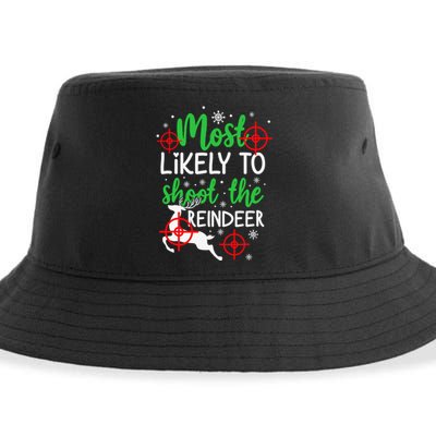 Most Likely To Shoot The Reindeer Funny Holiday Christmas Sustainable Bucket Hat