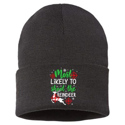 Most Likely To Shoot The Reindeer Funny Holiday Christmas Sustainable Knit Beanie