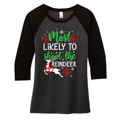 Most Likely To Shoot The Reindeer Funny Holiday Christmas Women's Tri-Blend 3/4-Sleeve Raglan Shirt