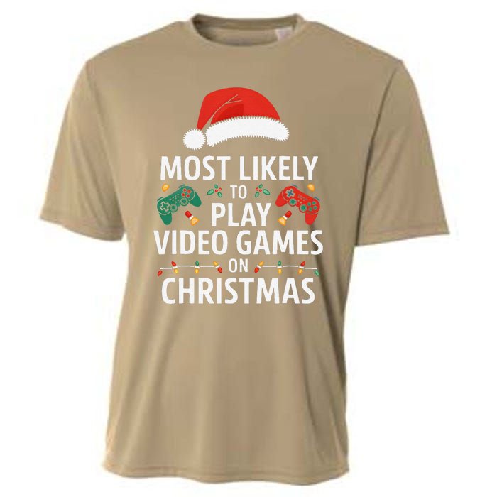 Most Likely To Play Video Games On Christmas Funny Gamer Cooling Performance Crew T-Shirt