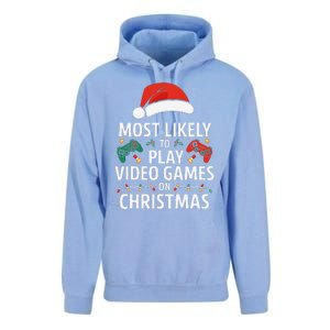 Most Likely To Play Video Games On Christmas Funny Gamer Unisex Surf Hoodie