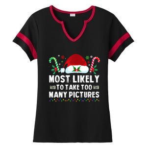 Most Likely To Take Too Y Pictures Family Christmas Gift Ladies Halftime Notch Neck Tee