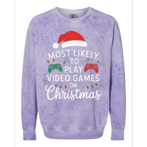 Most Likely To Play Video Games On Christmas Funny Gamer Colorblast Crewneck Sweatshirt