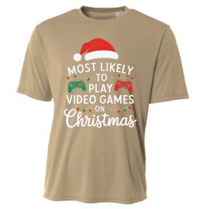 Most Likely To Play Video Games On Christmas Funny Gamer Cooling Performance Crew T-Shirt