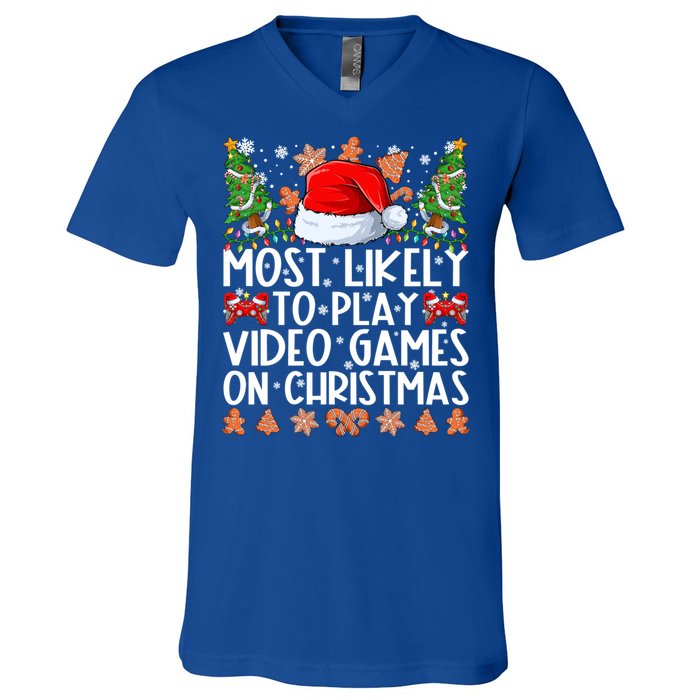 Most Likely To Play Video Games On Christmas Family Pajamas Gift V-Neck T-Shirt