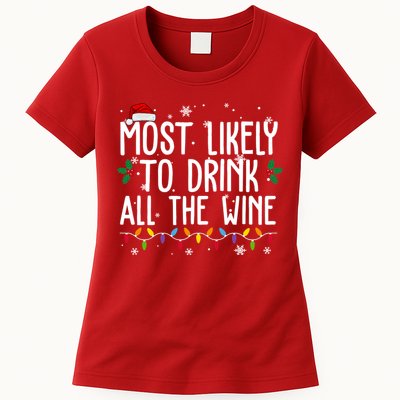 Most Likely To Drink All The Wine Funny Christmas Womens T-Shirt