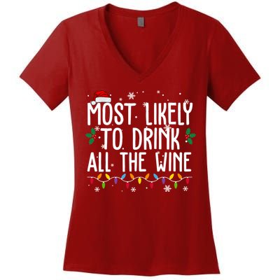 Most Likely To Drink All The Wine Funny Christmas Women's V-Neck T-Shirt