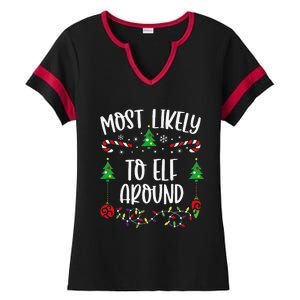 Most Likely To Elf Around Funny Christmas Family Matching Cute Christmas Famil Ladies Halftime Notch Neck Tee