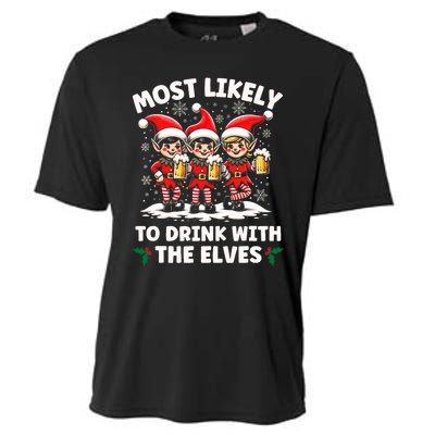 Most Likely To Drink With The Elves Elf Drinking Christmas Cooling Performance Crew T-Shirt