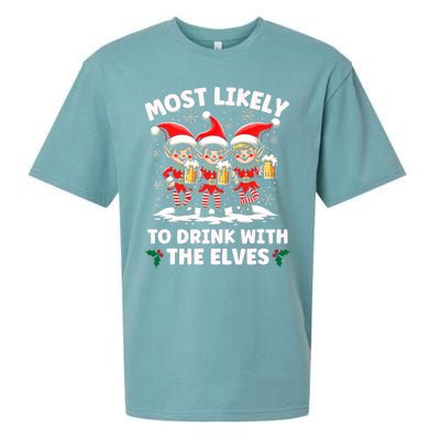 Most Likely To Drink With The Elves Elf Drinking Christmas Sueded Cloud Jersey T-Shirt