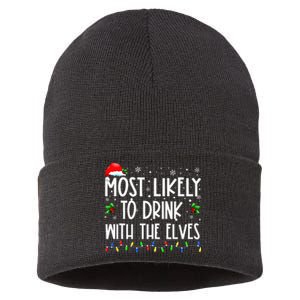 Most Likely To Drink With The Elves Elf Drinking Christmas Sustainable Knit Beanie