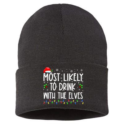 Most Likely To Drink With The Elves Elf Drinking Christmas Sustainable Knit Beanie