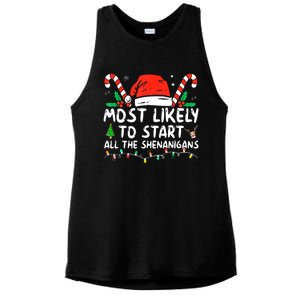 Most Likely To Start All The Shenanigans Family Xmas Holiday Ladies PosiCharge Tri-Blend Wicking Tank